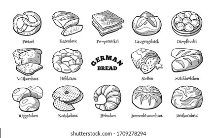 Doodle set of German types of bread. Hand drawn sketch of traditional bakery products. Vector illustration on white background.