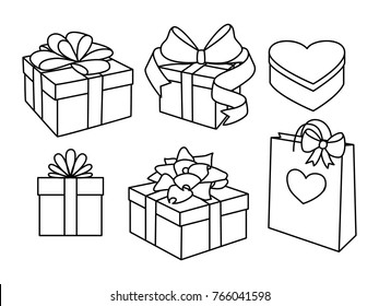 Doodle set of gift boxes with bows, heart shaped box and a gift bag. Hand drawn presents collection. Graphic design elements for advertisement, flyer, poster, web shop sale. Vector illustration