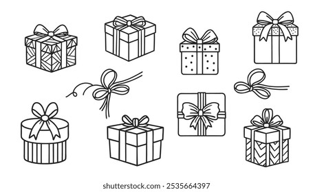 Doodle set of gift boxes. Hand drawn vector elements