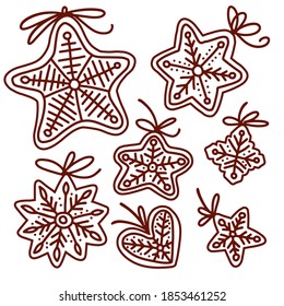 Doodle set of gingerbread. Cookies of various shapes Isolated on White background. Flat vector illustration