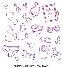 Doodle set of girl cute stuff. Trend sketch style outline stroke graphic. Accessories of young woman, female teen. Bra, hearts, cosmetic, bag, glasses, lips, panties, diary, paper cup.