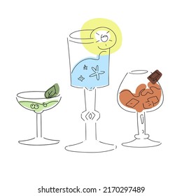 Doodle set of glasses with alcoholic drinks. Hand drawn. Illustration for alcohol menu. Vector image isolated on white background.