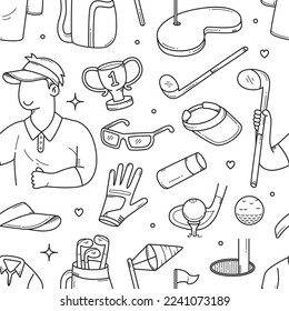 Doodle set of golf sports tools and equipments seamless pattern