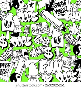 Doodle set graffiti art background. hand-drawn style graffiti elements black and white color illustration