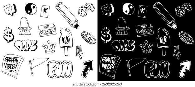Doodle set graffiti art background. hand-drawn style graffiti elements black and white color illustration