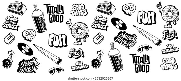 Doodle set graffiti art background. hand-drawn style graffiti elements black and white color illustration