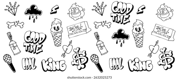 Doodle set graffiti art background. hand-drawn style graffiti elements black and white color illustration