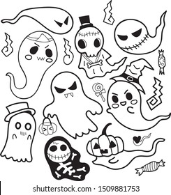 Doodle set of Halloween ghosts hand drawn