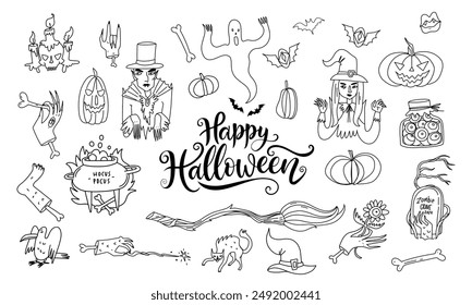 Doodle set of Halloween themed illustrations in outline hand drawn line art style. Costumed witch with vampire and ghost, cauldron and broom, bat and pumpkins, lanterns. Halloween stickers