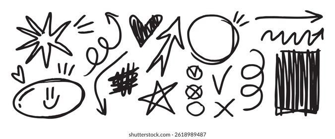 doodle set hand drawn black marker messy lines. Grunge thin lines design elements. Vector illustration
