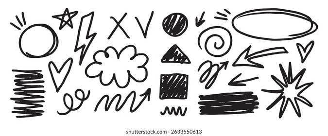 Conjunto de doodle dibujado a mano marcador negro líneas desordenadas. Grunge líneas delgadas Elementos de diseño. Ilustración vectorial