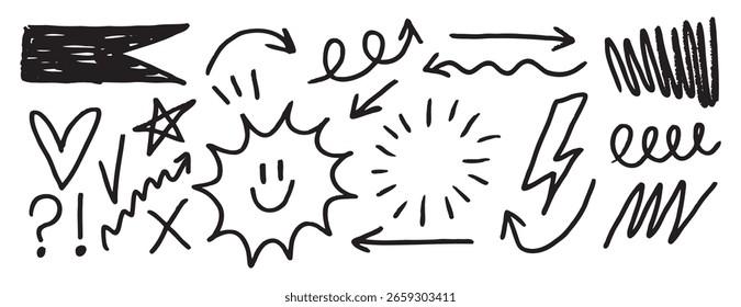 doodle set handgezeichnete schwarze marker chaotisch linien. Grunge dünne Linien Design-Elemente. Vektorgrafik