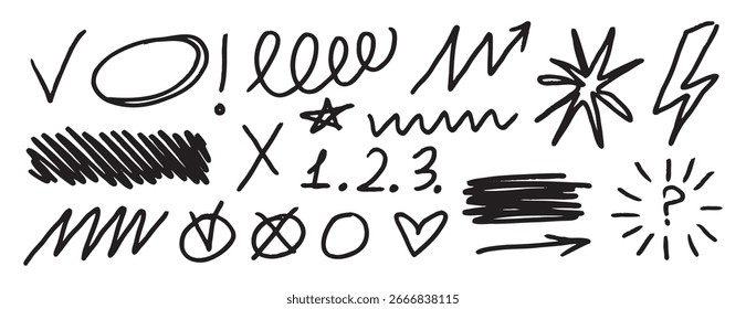 Conjunto de doodle dibujado a mano marcador negro líneas desordenadas. Grunge líneas delgadas Elementos de diseño. Ilustración vectorial