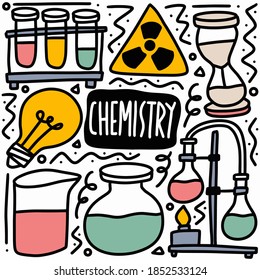 doodle set of hand drawn chemistry tools with icons and design elements