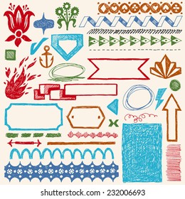 Doodle set of hand drawn design elements, text correction and highlighting 1. Vector illustration. Color.