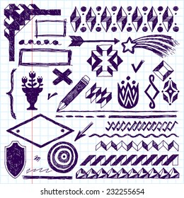 Doodle set of hand drawn design elements, text correction and highlighting 2. Vector illustration. School notebook.