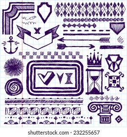 Doodle set of hand drawn design elements, text correction and highlighting 3. Vector illustration. School notebook.