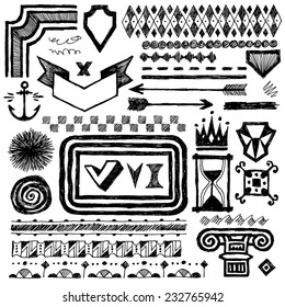 Doodle set of hand drawn design elements, text correction and highlighting 3. Vector illustration. Black and white.