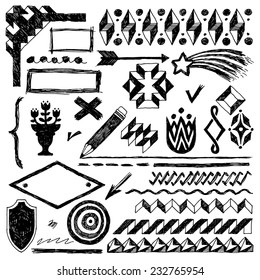 Doodle set of hand drawn design elements, text correction and highlighting 2. Vector illustration.  Black and white.