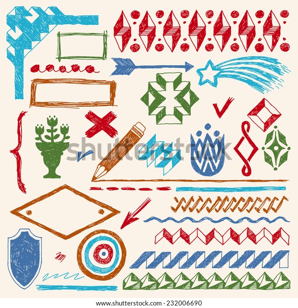 Doodle set of hand drawn\
design elements, text correction and highlighting 2. Vector\
illustration. Color.