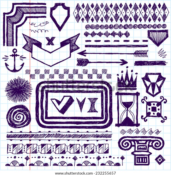 Doodle set of\
hand drawn design elements, text correction and highlighting 3.\
Vector illustration. School\
notebook.