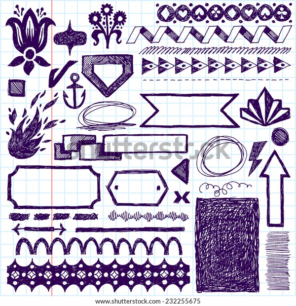 Doodle set of\
hand drawn design elements, text correction and highlighting 1.\
Vector illustration. School\
notebook.