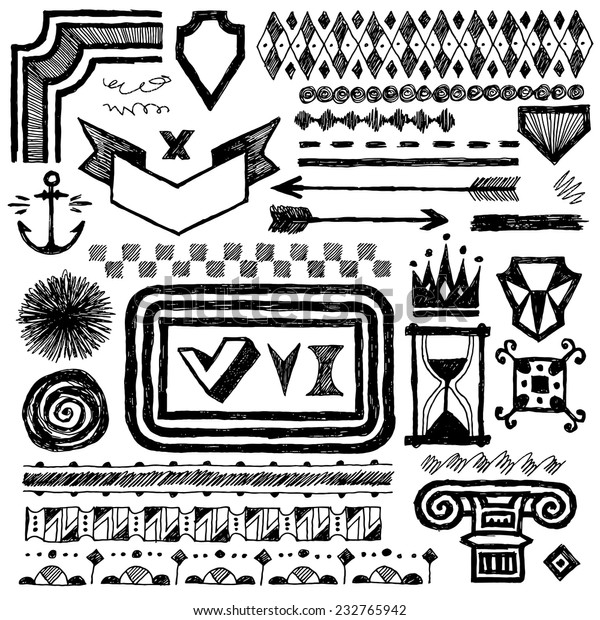 Doodle set of\
hand drawn design elements, text correction and highlighting 3.\
Vector illustration. Black and\
white.