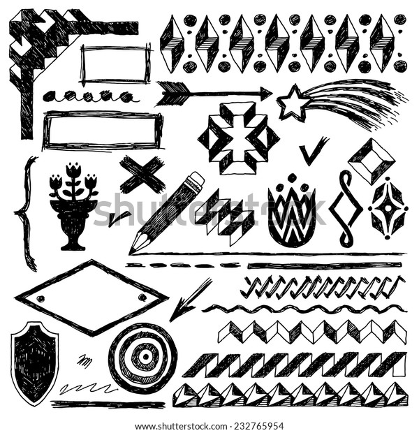 Doodle set of\
hand drawn design elements, text correction and highlighting 2.\
Vector illustration.  Black and\
white.