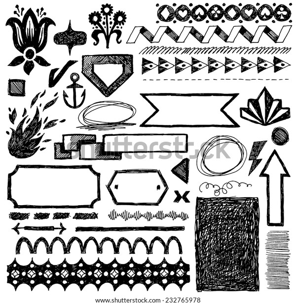 Doodle set of\
hand drawn design elements, text correction and highlighting 1.\
Vector illustration. Black and\
white.