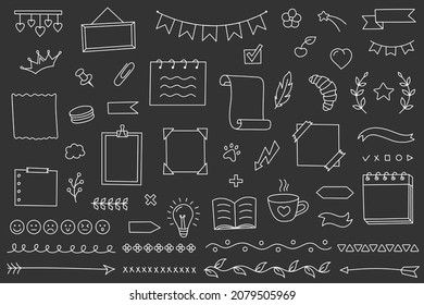 Doodle set hand drawn elements for diary, notebook and planner. Vector calendar for study and work. Collection of decorations frames and stickers from lines