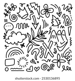 Doodle set of hand drawn elements. Doodle heart, arrow, star, sparkle decoration symbol set icon.
