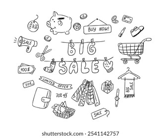 Doodle set with hand drawn elements for Black Friday or another Big Sale. Vector tray, money, coins wallet, cosmetics, paper pack and related elements isolated on white background for coloring pages