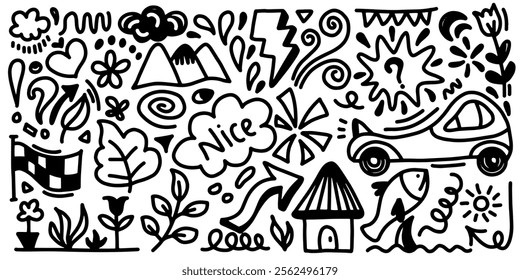 Doodle set of hand drawn elements. Doodle heart, arrow, star, sparkle decoration symbol set icon.