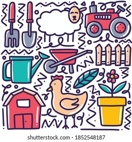 doodle set of hand drawn farm life with icons and design elements