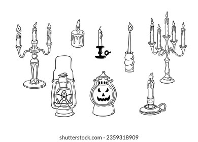 Doodle set of hand drawn halloween lantern, candles and candelabras. Outline flat sketch flashlights on white background. Simple form Halloween design for coloring pages, stickers, tatoo.