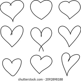 Doodle set of hand drawn hearts on a white background. Vector abstract hearts for design.