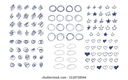 doodle set. hand drawn hearts, stars, circles