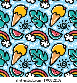 doodle set of hand drawn ice cream and, fruit with icons and design elements