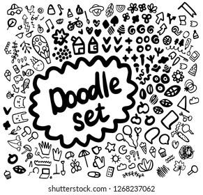 Doodle set hand drawn illustration with different symbols and forms