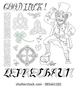 Doodle set with hand drawn leprechaun, shamrock and celtic patterns. Line art vector drawings of St. Patricks Day character and symbols isolated on white