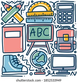 doodle set of hand drawn school tools with icons and design elements