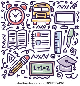 doodle set of hand drawn school tools with icons and design elements