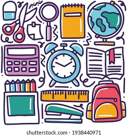 doodle set of hand drawn school tools with icons and design elements