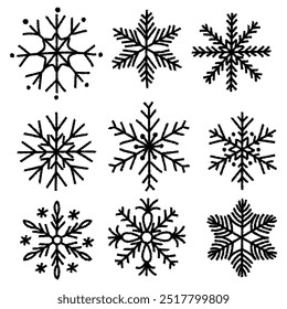 Doodle set of hand drawn snowflakes. Charcoal pen drawn christmas and new year decoration. Vector chalk graphic elements	