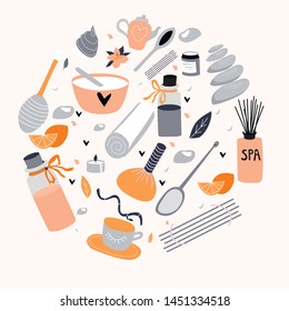 Doodle set of  hand drawn spa elements for aroma therapy , body care, beauty salon, wellness center, relax, health, massage, meditation. Tamplate for postcard. Vector illustration.