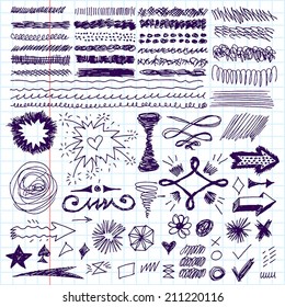 Doodle set of hand drawn strokes, text correction and highlighting. Vector illustration. School notebook.