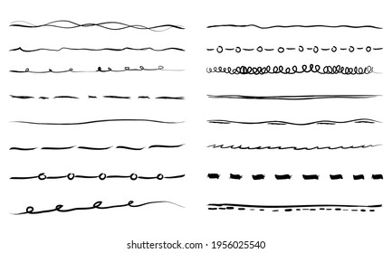 Conjunto de dibujos a mano de divisores de texto, pinceles de plumas artísticas, bordes, líneas y elementos de diseño de laureles. Ilustración del vector
