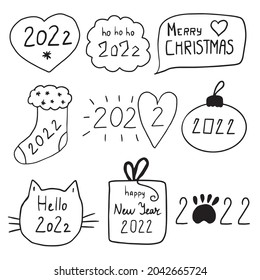 Doodle set of hand drawn text 2022, new year, Merry Christmas.