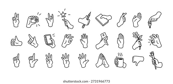 Doodle conjunto de gestos de la mano. Diferentes signos - pulgar hacia arriba, ok, cinco alto. Palmas sosteniendo lápices, señalando con los dedos. Comunicación no verbal con emoji. Esquema de Ilustraciones vectoriales aisladas en blanco
