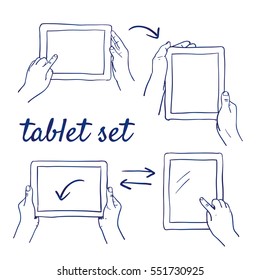 Doodle set of hand holding tablet computer - hand-drawn. Vector sketch illustration isolated over white background. Tablet-computer white screen